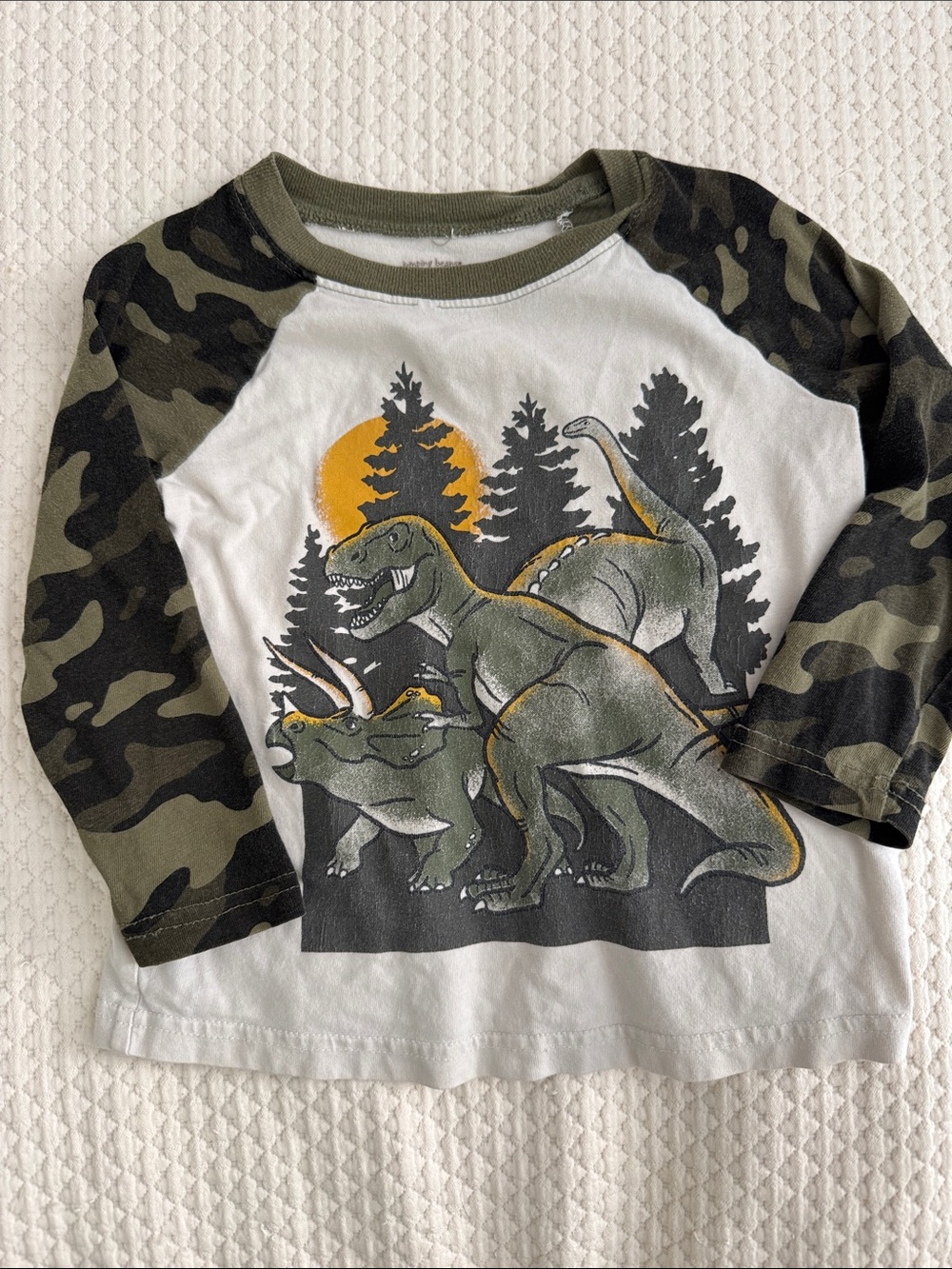 jumping beans White Raglan Tee with Camo Sleeves & Dino Graphic